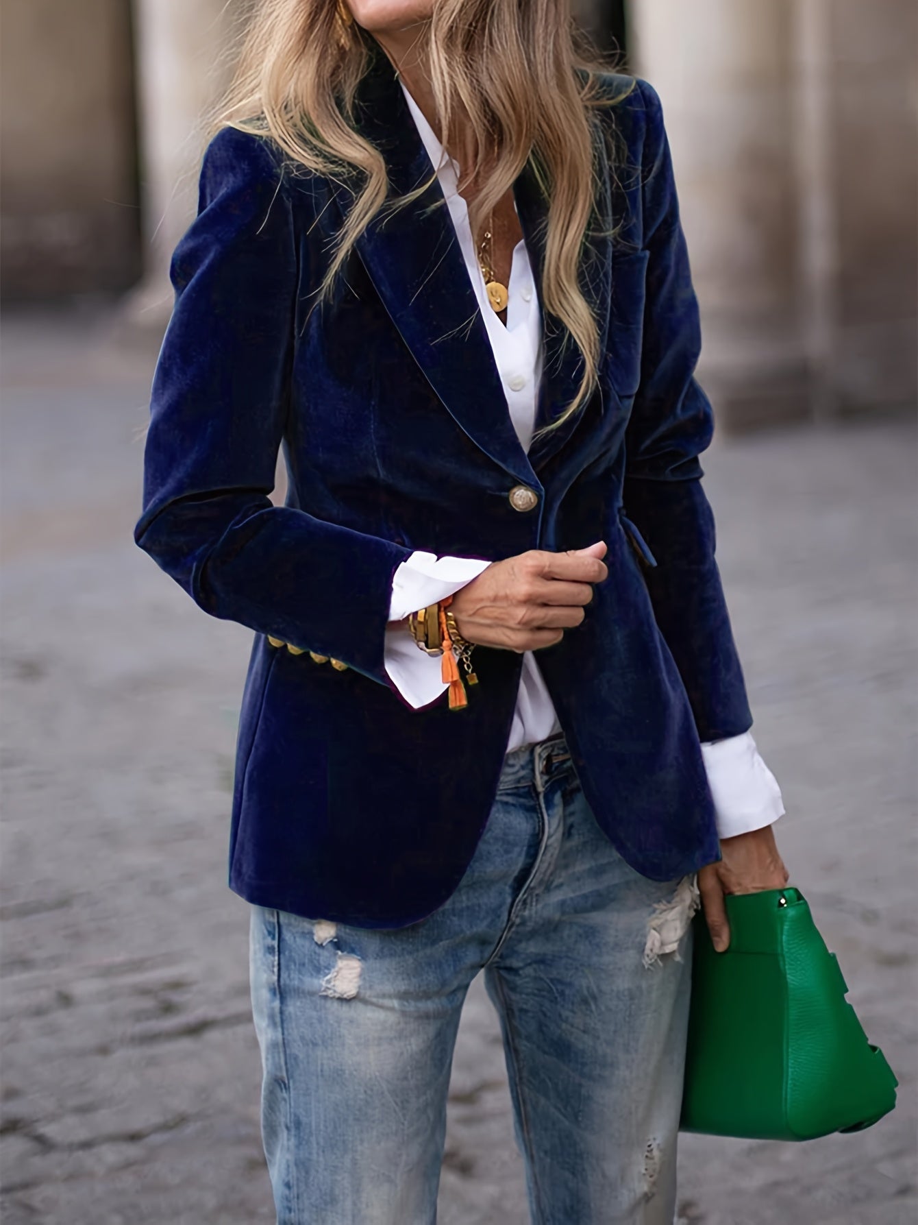 Tailored Velvet Blazer with Gold Accents – Structured Soft Fabric for Elegant Day-to-Night Style, Sizes S–2XL 6
