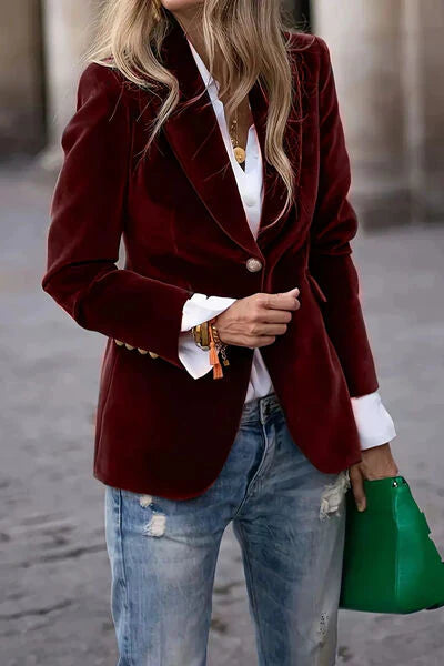 Tailored Velvet Blazer with Gold Accents – Structured Soft Fabric for Elegant Day-to-Night Style, Sizes S–2XL 1
