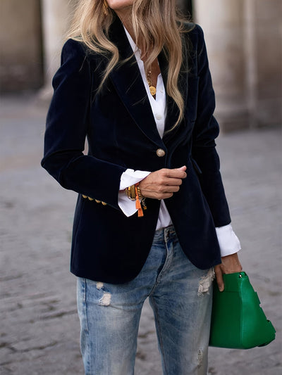 Tailored Velvet Blazer with Gold Accents – Structured Soft Fabric for Elegant Day-to-Night Style, Sizes S–2XL 5