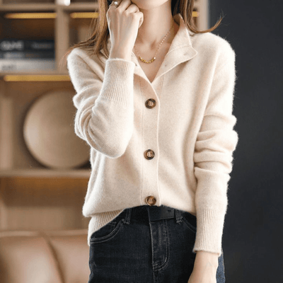 Cashmere Cardigan Sweater for Women – White Retro Knit Cardigan with Relaxed Fit and Vintage Stand Collar 1