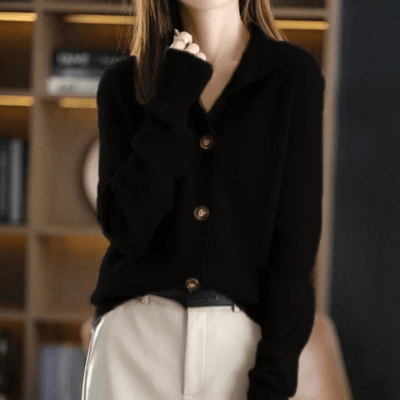 Cashmere Cardigan Sweater for Women – White Retro Knit Cardigan with Relaxed Fit and Vintage Stand Collar 6