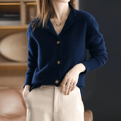 Cashmere Cardigan Sweater for Women – White Retro Knit Cardigan with Relaxed Fit and Vintage Stand Collar 7